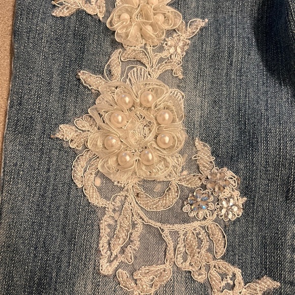 Embellished Flare Leg Jeans with White Lace Detail - Picture 12 of 16